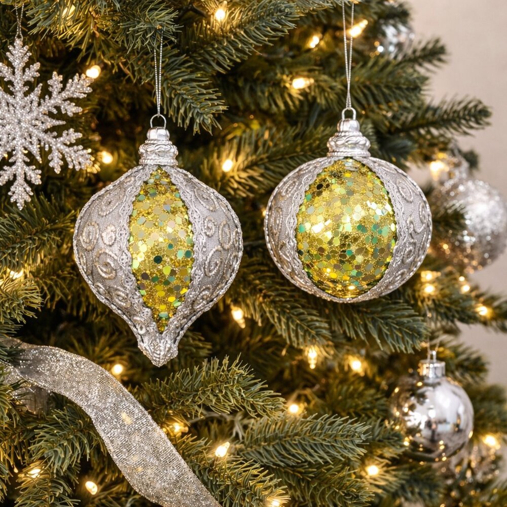 Christmas Ornaments Set of 2 Colorblock Colorful Festive Gift Glitter Sequin Y2K